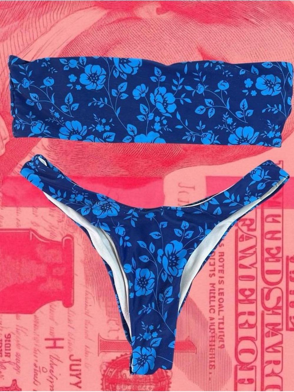blue hibiscus flower floral print strapless 2 piece summer bikini set size s